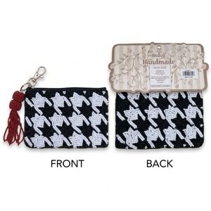 India Handmade Beaded Houndstooth Coin Purse Pouch Red Tassel Keychain NWT